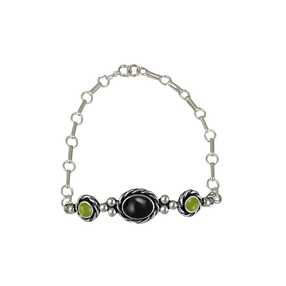 Sterling Silver Gemstone Adjustable Chain Bracelet With Black Onyx And Peridot